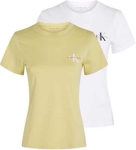 Calvin Klein Donna T-Shirt Maniche Corte Confezione da 2 Monologo Tee Slim Fit, Multicolore (Muted Lime/Brilliant White), XXS