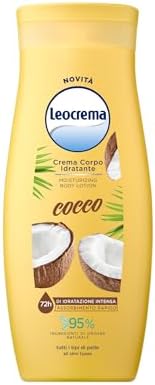 Leocrema, Crema Corpo Idratante al Cocco, Texture Leggera e Fluida per Tutti i Tipi di Pelle, 72H di Idratazione, 95% Ingredienti di Origine Naturale, 250ml