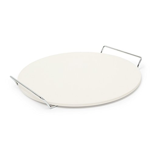 Relaxdays 10019338 Pizzastein für Backofen rund, Baking Stone aus Cordierit mit Metallhalter für knusprige Steinofenpizza Grillstein für Pizza, Brot und Flammkuchen in Herd und Grill, Durchmesser 33 cm, 1 cm dick, beige - 3