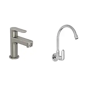 KOHLER July Pillar Tap (Vibrant Brushed Finish)+Kohler Kumin Wall Mounted Kitchen Faucet (Cold only) (99482IN-4-CP)