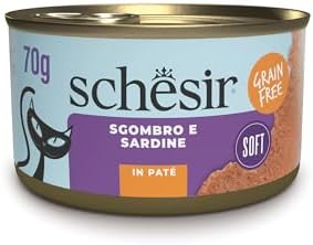 Schesir, Paté di Sgombro e Sardine, Alimento Umido Complementare per Gatti, Ricetta Originale, Ingredienti 100% Naturali, 12 lattine da 70g