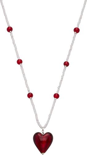 Amanti Venezia Red Murano Glass Heart and Sterling Silver Necklace of Length 40-45 cm