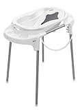 Rotho Babydesign Badestation TOP / 100 cm Breite / Babywanne weiß mit Aufbewahrungsfächer & Badewannenständer, höhenverstellbar