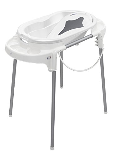 Rotho Babydesign Badestation TOP / 100 cm Breite / Babywanne weiß mit Aufbewahrungsfächer & Badewannenständer, höhenverstellbar