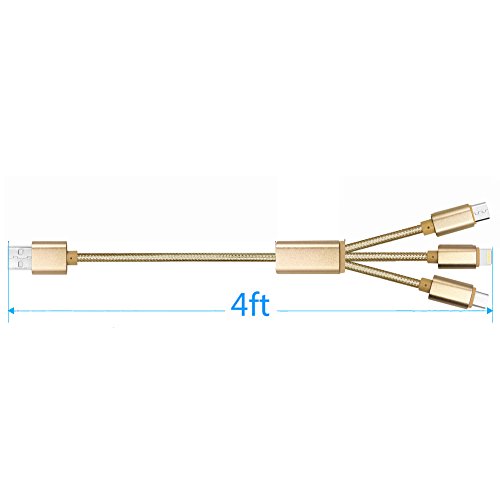 Multi USB Kabel, 4ft /1.24m Nylon geflochten 3 in 1 USB Ladekabel Adapter Stecker mit 8 Pin Lightning / Type C / Micro USB für iPhone 6s, 6, 6 Plus, 5 / 5S / 5C, Galaxy S2, 3, 4, Nexus 6P , 5X und mehr Smartphones(Gold) - 5