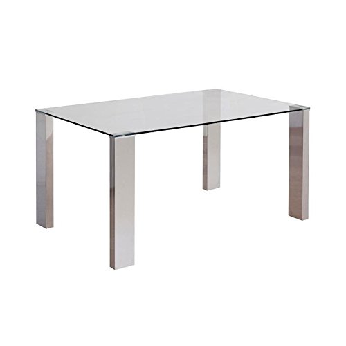 NAKURA Mesa de Comedor Karina de 140x90 cm. Tapa Cristal, Patas Metal Pulido Acabado Brillo