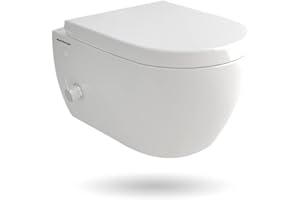 ALPENBERGER Sanitop-Wingenroth WC sans rebord avec mitigeur monocommande intégré sur le côté avec raccord eau chaude et froide | Siège de WC en forme de D avec système d'abaissement automatique