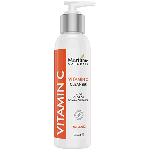 Limpiador de Vitamina C  Antienvejecimiento Lavado de Cara para Acné y Manchas, Reducir Arrugas y Manchas Oscuras con, Áloe, Aceite de oliva y MSM, Aumento del Colágeno (240 ml)