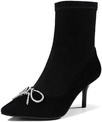 WYWQ Womens Ladies Fine High-Heeled Short Boots Autumn Fashion Boots 7cm Heel Bowknot Rhinestone Side Zipper Pointed Toe Black, black, 39