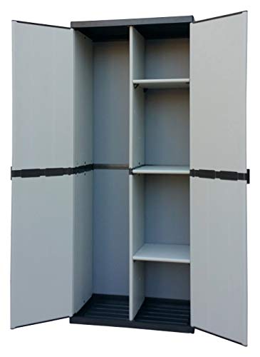 Adventa, Armoire Porte-balais en résine 2 Portes, étagères réglables (intérieur/extérieur), Gris Noir, 68 x 39,5 x 168