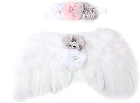 PeiLan Photo Prop Outfit Baby Girl Angel Feather Wing Costume Chiffon with Headband Newborn Photo Prop Costume (White Style1)