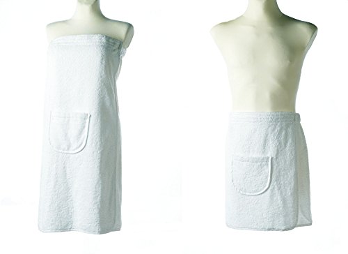 Set Saunakilt Sauna Kilt Sauna-Kilt Sarong für Damen Herren mit aufgesetzter Tasche und Klettverschluss, 100% Baumwolle, Damen 80 x 140 cm Herren 50 x 140 cm, weiß, von Carenesse weiß, mit Gummizug, Klettverschluss und Tasche