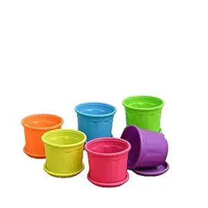 Nayi Umang Plastic Grower Pot With Matching Plates, Multicolour, 4 inch, Combo Of 5 Colourful Grower Pot With 5 Matching Plates