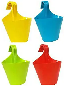 SKYCAP Hanging Hook Flower Pot Plastic Plant Container for Home Garden Office Balcony Lawns Compound and Raillings 4 Pieces(Multi Colour) Combo