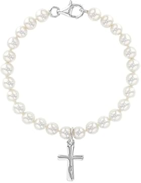 In Season Jewelry Baby Mädchen - Armband Kreuz 925 Sterling Silber Weiße Simulierte Perle 13cm