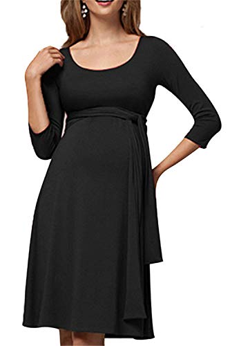 Preisvergleich Produktbild Swallowuk Damen Umstandskleid Schwangerschaft Kleid Gerafften Stillkleid Diskretes Stillen Stretchkleid (M, Schwarz)