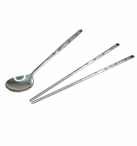 Paire de baguettes Coréennes en Métal. Couverts traditionnels de Corée, set baguette plus cuillère design héron
