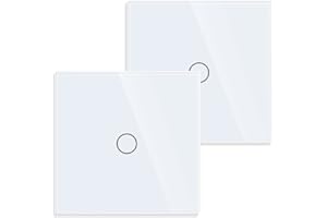 JIMEIDA Juego de 2 interruptores de luz táctiles en color blanco, interruptor empotrable con panel de cristal y LED de estado, no requiere cable neutro, interruptor de pared de 1 polo, CA 240 V, 500