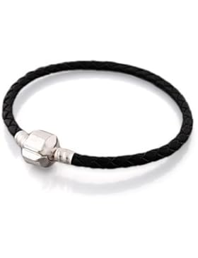 Andante-Stones Silber Leder Armband geflochten (Schwarz) mit Clipverschluss (19 cm) für European Beads + Organzasäckchen