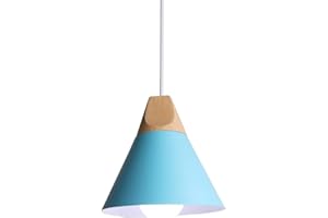 HONGHO WOTTES Lampe Pendante Industrielle Moderne en Bois Avec Abat-Jour en Métal Plafonnier Douille E27 Pour Salon Chambre à Coucher Salle à Manger.(Bleu)