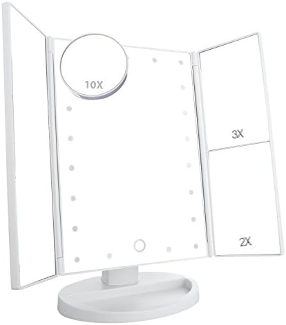 eVmu 21 LED Makeup Mirror, Lighted Vanity Mirror Tri-fold Touch Screen Magnification Adjustable Portable Foldable Travel Cosmetic Makeup Mirror, Battery or USB Powered Table Stand Mirror, White