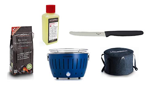 LotusGrill Small Kompakt Starter-Set Tiefblau der raucharme Holzkohlegrill mit 1 kg Buchenholzkohle, 200 ml Brennpaste, 1x Allzweckmesser und 1x Tasche. Stromversorgung via USB oder Powerbank