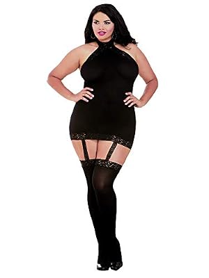 Dreamgirl Ensemble robe finitiion dentelle avec PJ et bas attachés : Couleur - Noir, Taille - TU Grande Taille - 44/50