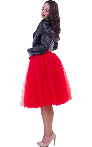 FOLOBEWomen's Tutu Midi Tulle Skirts 7 Layers Petticoat Underskirt Ballet with Elastic Belt for Wedding Party