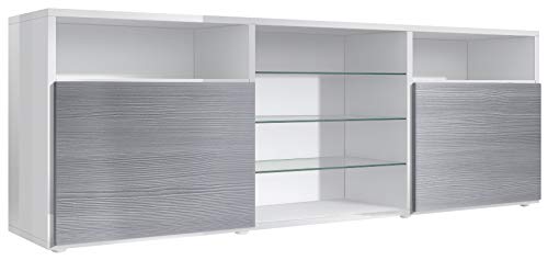 Meuble TV Bas Granada, Corps en Blanc en Haute Brillance/Façades en Avola-Anthracite