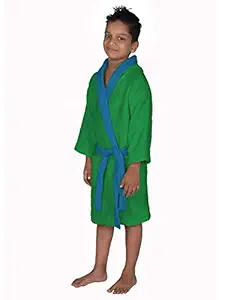 Aspire Woven Velour Hooded Bathrobe for 7 to 9 Year Old Kids, Full Sleeve, 100% Combed Cotton, Green & Blue Color Combo