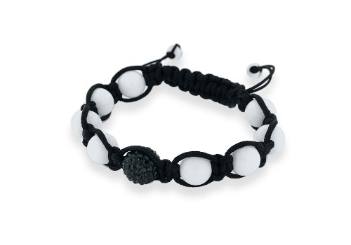 Shamballa Unisex Schwarze Kordel White Jade m. Schwarzen Kristallkugeln verstellbares Armband 19cm