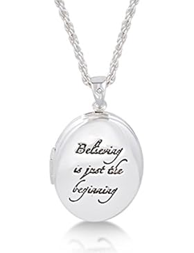 Disney Couture Weißgold-beschichtete Halskette mit Medaillon und Aufschrift: „Believing is Just the Beginning“