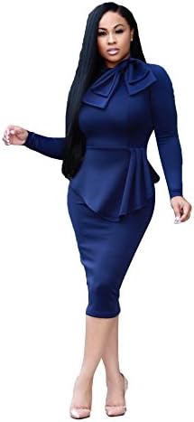 VERTTOP Double-Layered Tie Neck Plain Long Sleeve Warm Women's Bodycon Dress Midi Dress for Party, Cocktail,Club Casual Blue L