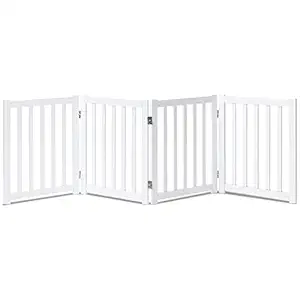 LZRS Oak Wood Foldable Pet Gate,Wooden Dog Gate,Cat Gate,Pet Gate with Pet Collar for House Doorway Stairs,Freestanding Gate Safety Fence (4 Panel 24?, White)
