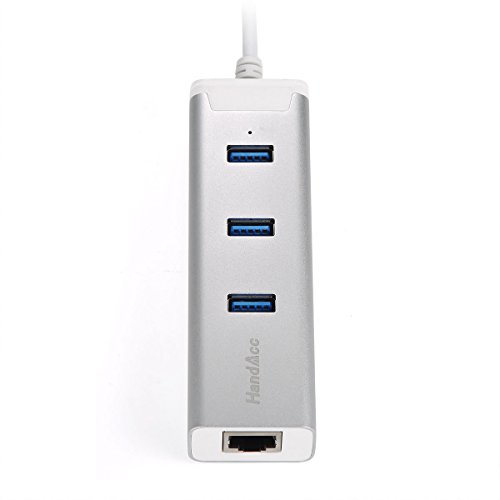 Handacc USB 3.0 3-Port Hub inkl. Gigabit Ethernet LAN / Netzwerkadapter (RJ45) | Super Speed bis zu 5 Gb/s | 3 Port Hub (Verteiler) inkl. Power-LED | Gigabit-LAN 10/100/1000 Mbit | Windows, Linux und Mac | silber (Aluminium – Gehäuse) - 4