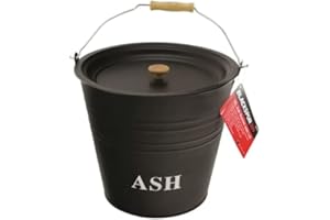 Y HOMEWARE Yorkshire Homeware Black Ash Bucket with Lid Fireside Fireplace Wood Burner Accessories Coal Basket with Wooden Handle 12L