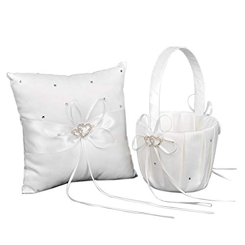 JPISABB - Set di 2 cestini e Cuscino per Anelli, in Raso Avorio con Cuori e Strass, Colore: Avorio