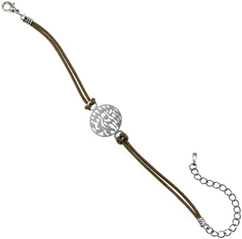 Silver Tone Brass Shema Yisrael Bracelet Jewish Jewelry with Brown String, 5.5+2.1" Extender