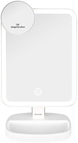 Auxmir LED Makeup Mirror with Touch Screen Dimming and 10x Magnification Spot Mirror, Tabletop Cosmetic Mirror 180°Adjustable, Natural LED for make-up, shaving and facial care, white