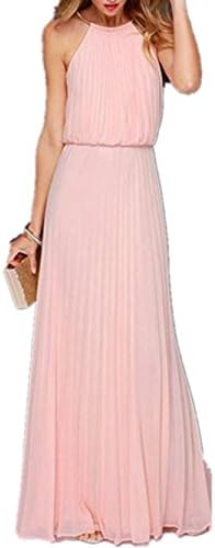 Chez Bobos Womens Chiffon Pleated Halter Neck Maxi Party Homecoming Prom Dress Pink M