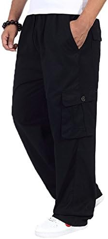 Men's Cotton Cargo Elastic High Waist Loose-Fit Leisure Pant black 4XL