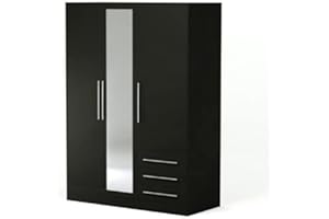 ‎FORTE FORTE Jupiter Kleiderschrank 145 150, moderner Drehtürenschrank, 3-türig, 2 Schubladen, Schlafzimmer, Holzwerkstoff, Schwarz, 144,6 cm breit x 200 cm hoch x 60 cm tief