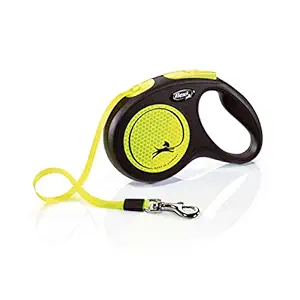 Flexi New Neon Automatic Dog Leash Pause and Lock, Retractable Comfortable One Hand Brake System Durable Non-Slip Handle Dog Walking and Training Leash Nylon Tape, Yellow 5m/16 ft Medium | Dog Leash For Medium Dogs, Max Capacity - 25 kgs