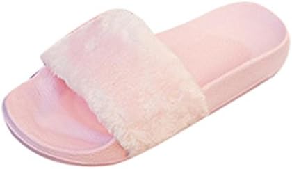Women Slipper, Quistal Ladies Slip On Sliders Fluffy Faux Fur Flat Slipper Round Head Flip Flop Sandal Indoor &amp; Outdoor Sandals Holiday Beach (UK:4.5, Pink)