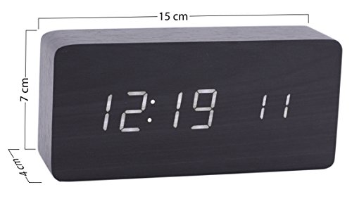 Königswerk LED-Wecker in Holzoptik, Anzeige für Zeit, Temperatur und Datum, geräuschaktiviert, Helligkeit einstellbar – Schwarz-Weiß - 3