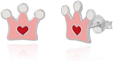 Sterling silver children's girls pink enamel crown queen stud earrings/Gift box