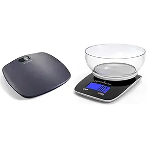 HealthSense Ultra-Lite PS 126 Digital Personal Body Weight Scale with STEP-On Technology (Grey) & HealthSense Chef-Mate KS 33 Digital Kitchen Scale and Food Scale with Detachable Bpa Free Bowl and T