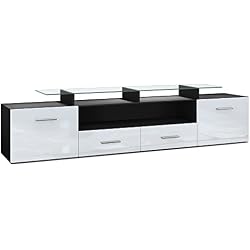 Vladon Meuble TV Bas Almada V2, Corps en Noir Mat/Façades en Blanc Haute Brillance