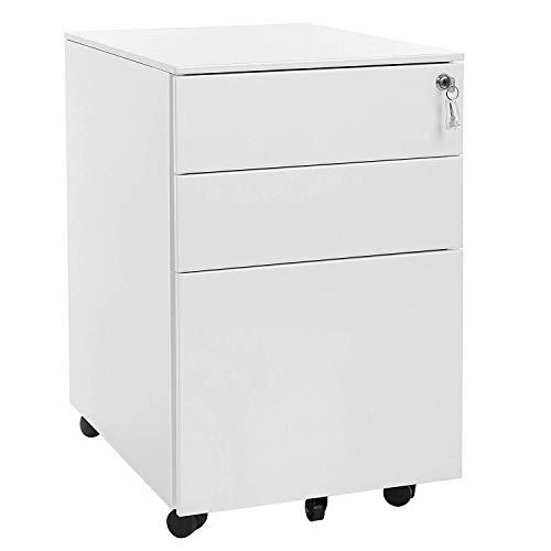YOUKE Meuble à dossiers,Caisson de Bureau Meuble à Dossiers,Caisson de Rangement Verouillable sur roulettes avec 3 Tiroirs, pour Dossiers Suspendus, Studio, Chambre (Blanc)