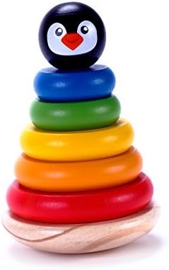Adorable Wooden Penguin 6 Piece Ring Rainbow Stacker Toy for Babies 1 Year Olds &amp; Up, Developmental
